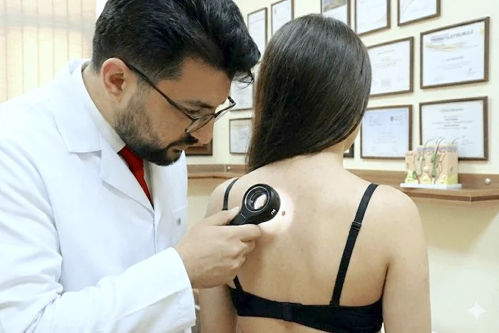 Dermatoloq dermatoskopik müayinə aparır